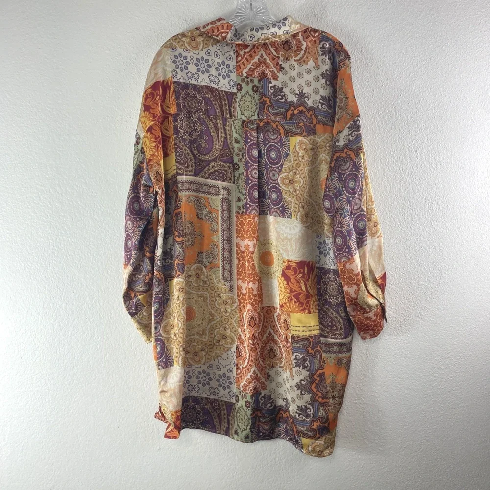 Dress Forum Paisley Patchwork Button Down Tunic Blouse M Satin Boho Retro Dress